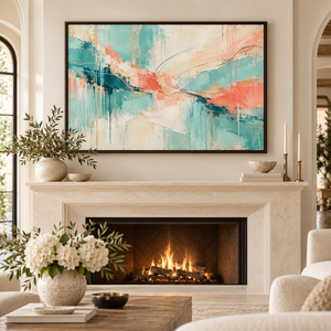 Teal and Coral Abstract Wall Art in a styled room
