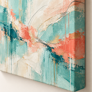 Teal and Coral Abstract Wall Art in a styled room