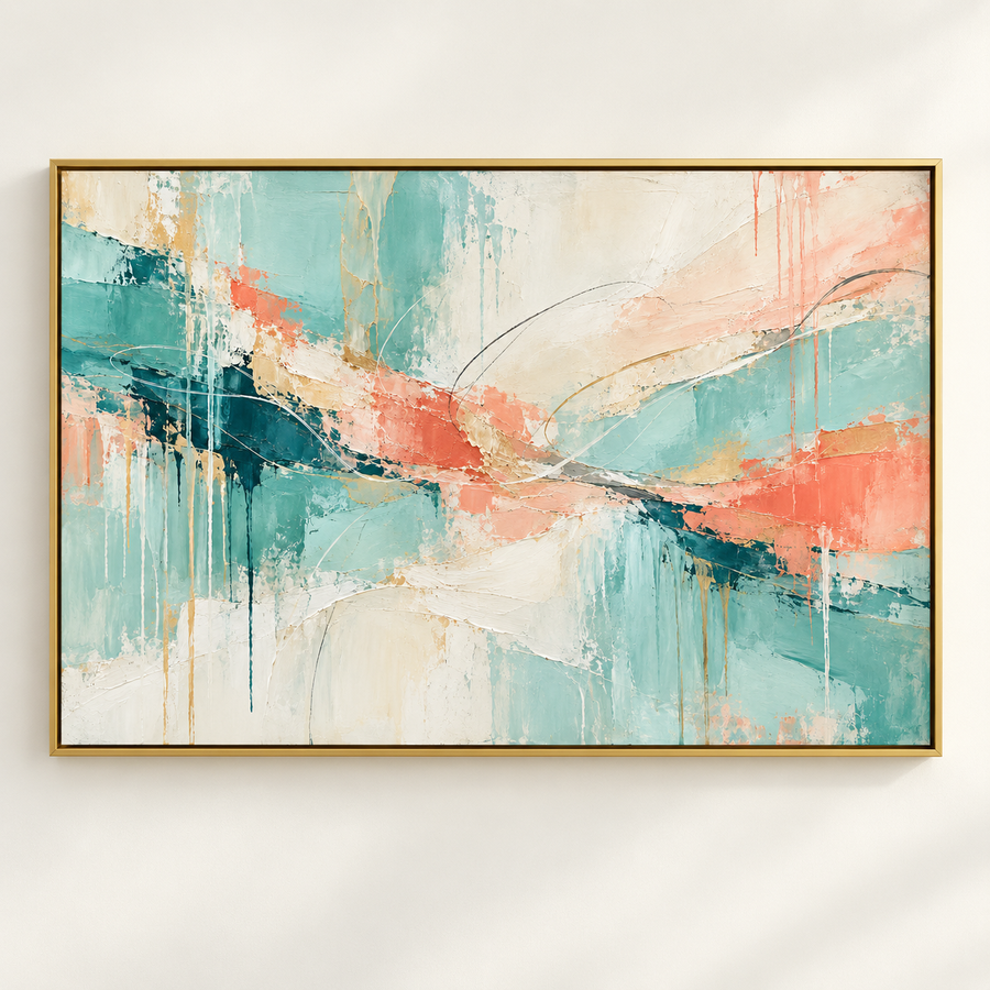 Teal and Coral Abstract Wall Art in a styled room