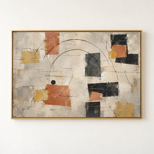Terracotta and Black Geometric Abstract Wall Art in a gold floating frame