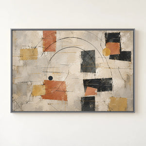 Terracotta and Black Geometric Abstract Wall Art in a silver floating frame