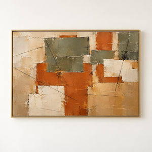 Terracotta and Olive Patchwork Abstract Wall Art in a floating frame