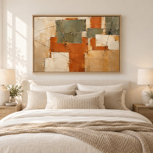 Terracotta and Olive Patchwork Abstract Wall Art styled in a living space