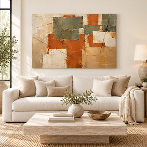 Terracotta and Olive Patchwork Abstract Wall Art styled in a living space