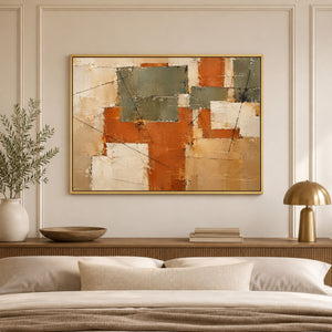 Terracotta and Olive Patchwork Abstract Wall Art styled in a living space