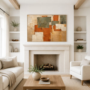 Terracotta and Olive Patchwork Abstract Wall Art styled in a living space