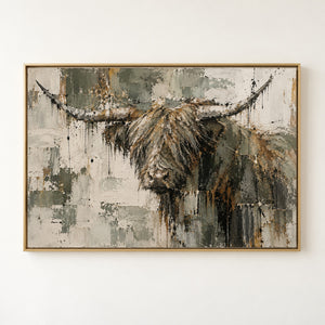 Abstract Highland Cow Wall Art, Rustic Canvas Print, Modern Farmhouse Painting Print, Neutral Living Room Decor, Large Wall Art