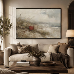Vintage Framed Coastal Beach Wall Art, Moody Red Kite Dune Landscape Canvas Print, Neutral Coastal Decor, Rustic Farmhouse Living Room Art